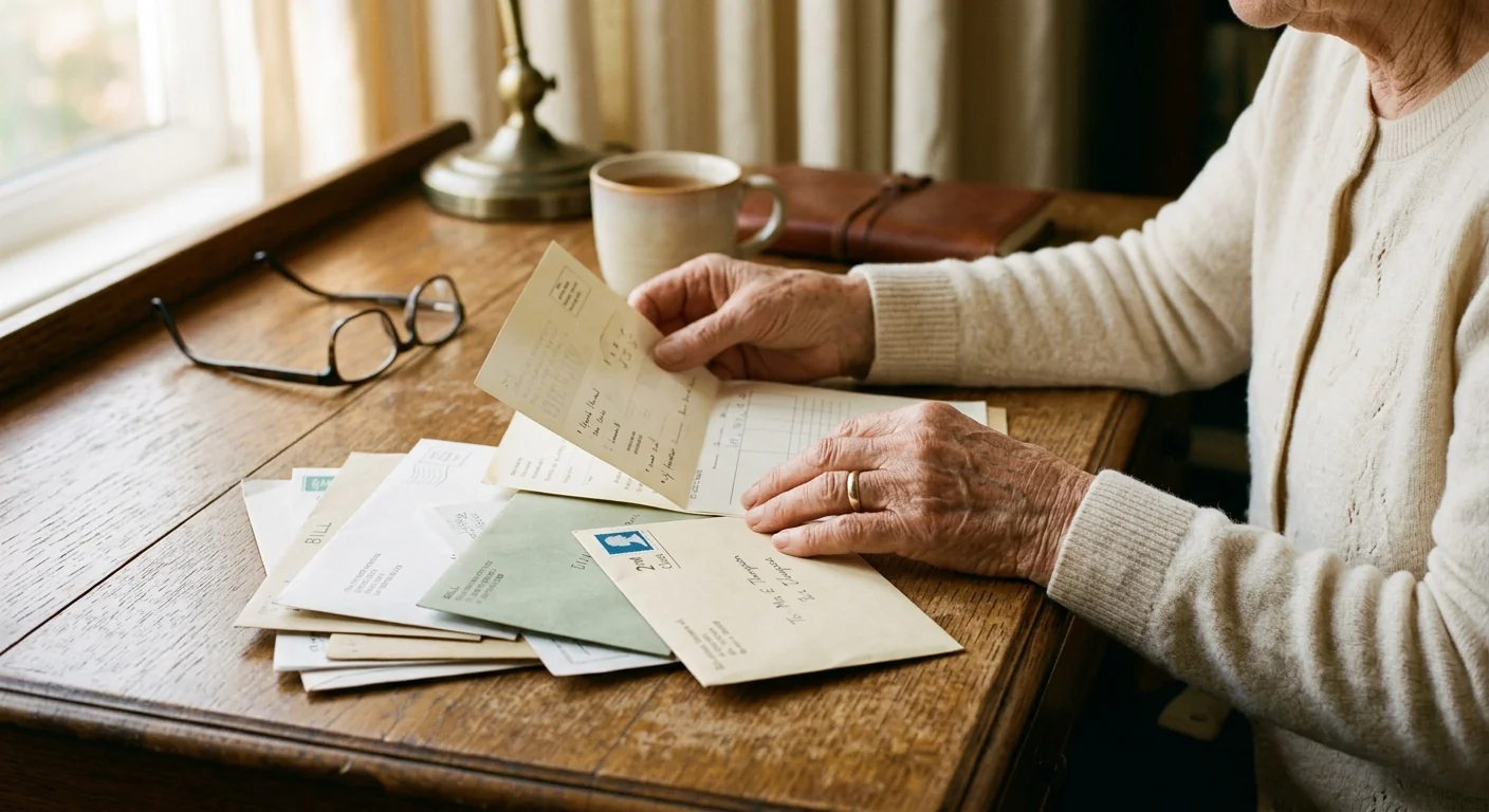 An older person's hands sorting through mail and bills at a wooden desk